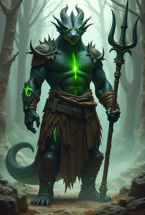  a dragonborn warrior of a slightly thin black color  , with wounds that shine with a bright green color  ,  while holding a trident and having leather armor worn out by so many battles 