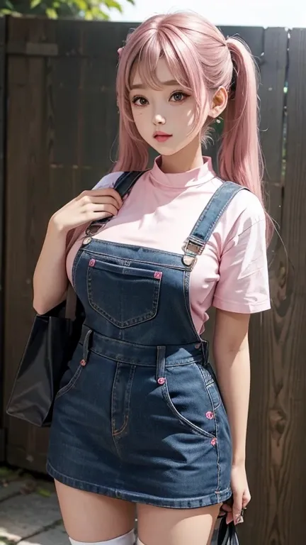 dungarees skirt pink thin flower pattern , big breast , twin tail hair