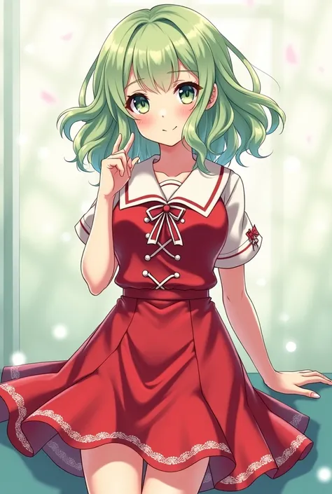 Anime photo of a woman with light green hair
Put on a red school dress