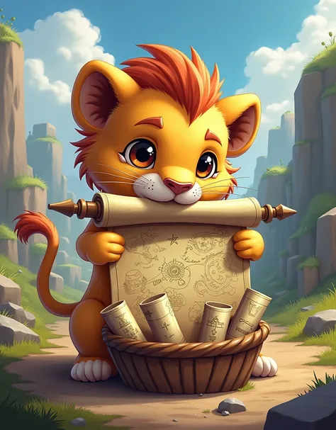 create a comic style (realistic), 2d page, CUTE lion cub that hold an open battle scroll, map on scroll in his mouth some scrolls are also there in basket , battle field background