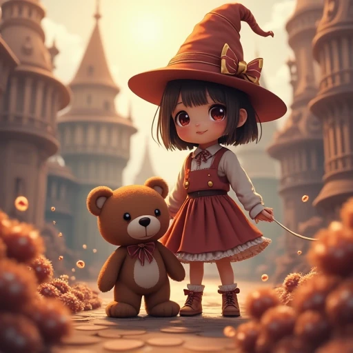 An Anime girl wearing a magician hat,standing next to a teddy bear,beautiful chocolate factory behind,close view