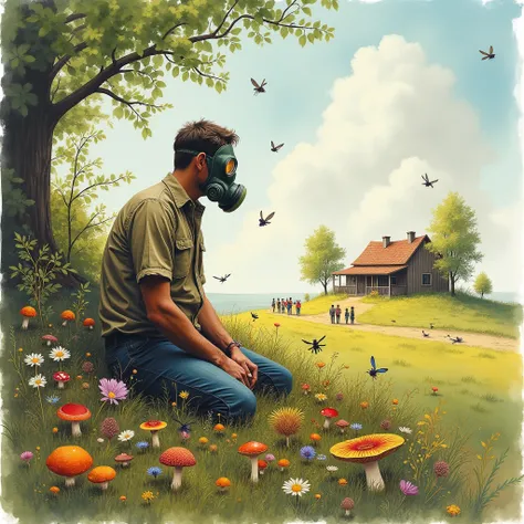 watercolour painting of a man on his knees mourning his friend beside a mound covered with pletoric colorful virgin flora, fauna: there are insects flying and walking insects, mushrooms and small animals. It is morning time and he is in a ranch, surrounded...