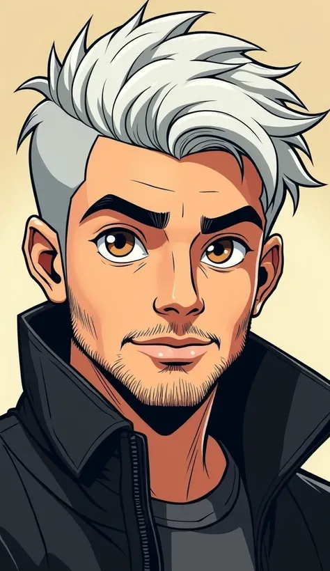 20-year-old white-haired man ,  brown-eyed , A thin beard with a black jacket in a comic cartoon