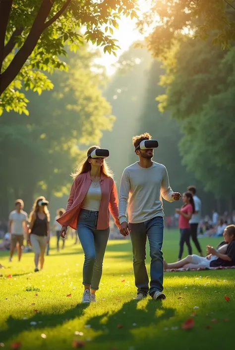 a couple play VR game in a park with other couples around