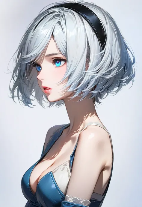 {(masterpiece,best quality, 16K portrait, UHD, extremely detailed the work, detailed beautiful face and eyes and skin and hair)} BREAK {1 adult-woman,(2B of Nier-Automa:1.2), (pale-off-white colored hair:1.4, short cut hair),(very small Almond-shaped eyes:...