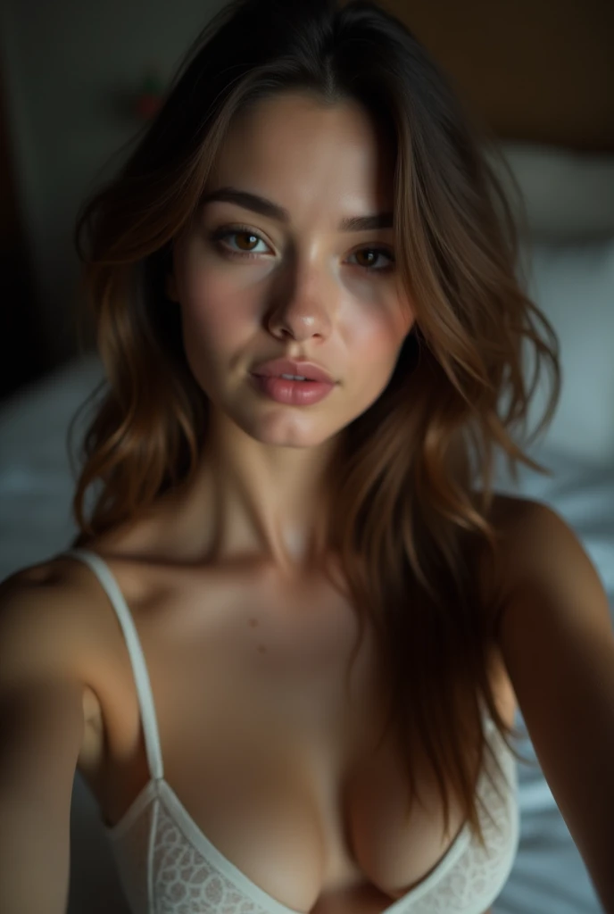 Selfie of a young woman aged 20, white skin, brown hair, medium breasts, in her bedroom wearing a tight bra, Dark lighting.