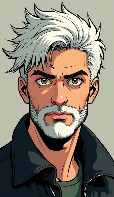 20-year-old white-haired man ,  brown-eyed , A thin beard with a black jacket in a comic cartoon