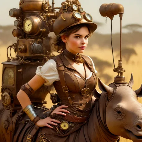 A cute woman (cute, age 22, role of a steam punk explorer, sexy costume, many gadgets and clockwork doohickeys) she is riding on her steam powered Rhino mount exploring the African savannah
