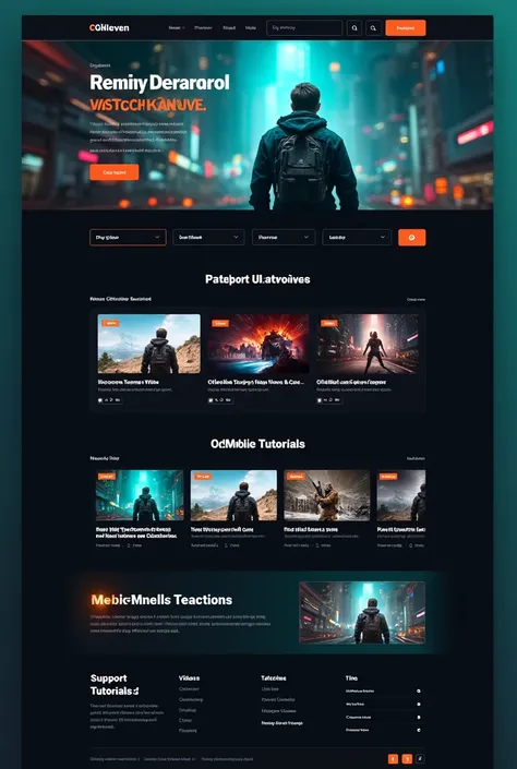 Design a sleek, modern video page layout for CGHeven with a dark, visually immersive theme featuring vibrant orange and teal accents.

Hero Section: Include a full-width banner with a visually appealing background (like a cinematic scene), a centered searc...