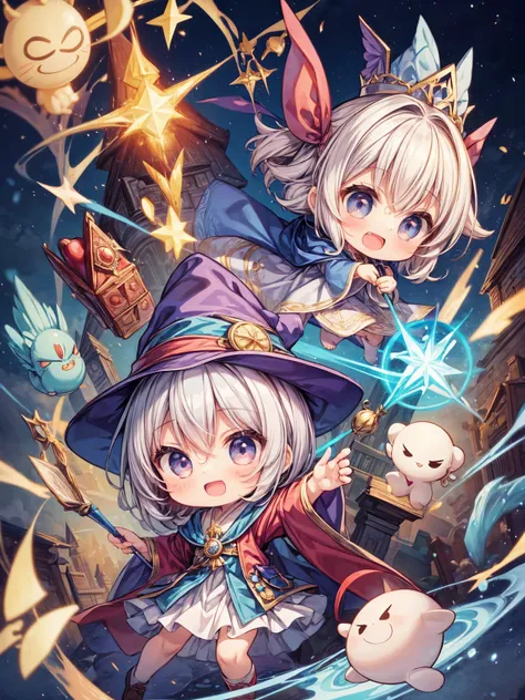   Masterpiece  ,  top quality , Chibi,  Wizards Tea Party,A timid , clumsy little wizard who is unreliable and holds a large magic wand in both hands. Shes freaking out. Shes wearing a wizards robes and a pointed wizards hat.