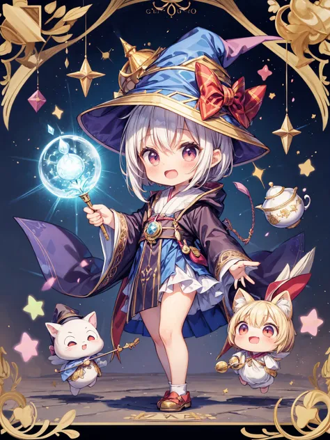   Masterpiece  ,  top quality , Chibi,  Wizards Tea Party,A timid , clumsy little wizard who is unreliable and holds a large magic wand in both hands. Shes freaking out. Shes wearing a wizards robes and a pointed wizards hat.