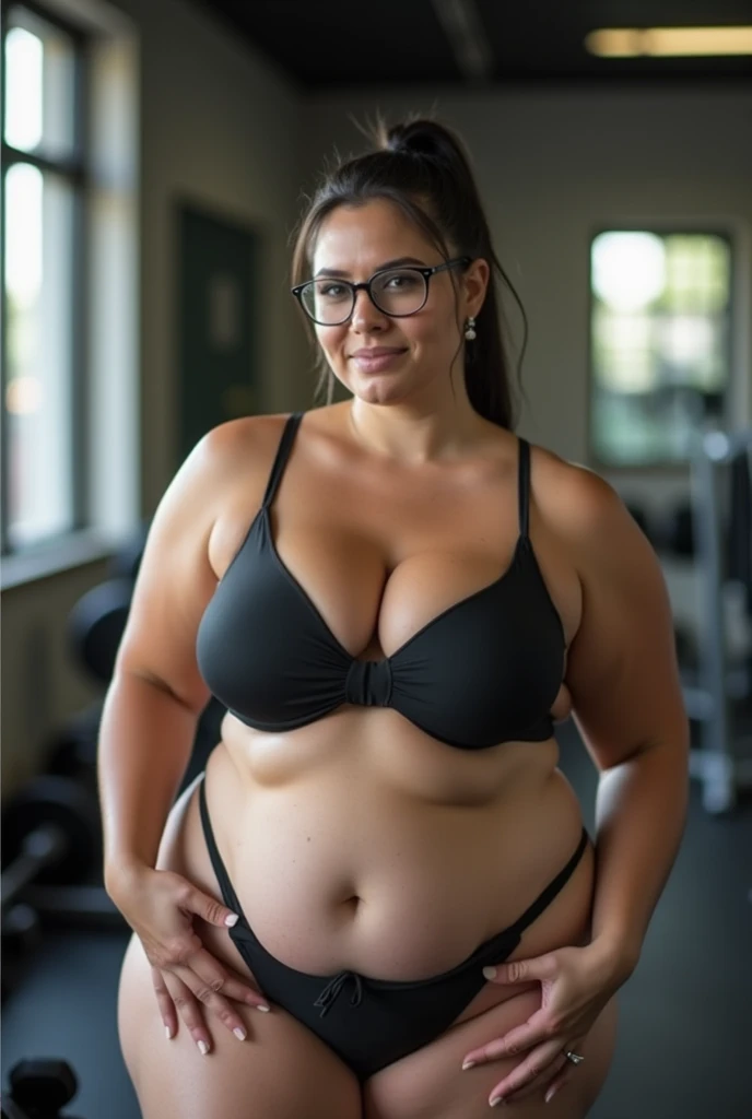 White curvy plump voluptuous chubby milf 40 years lady wearing a sexy tight form fitting bikini in a wall of gym.  Real photo,  realism. Huge boobs with huge ass. Black tied up hair. White face and body. Glass