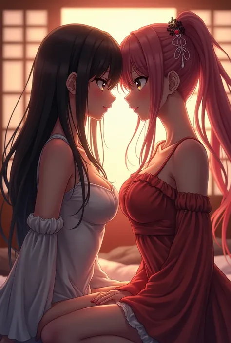 Two women looking at each other, steaming, dressed like a man, but very pretty, another cute  in anime, both Japanese long hair