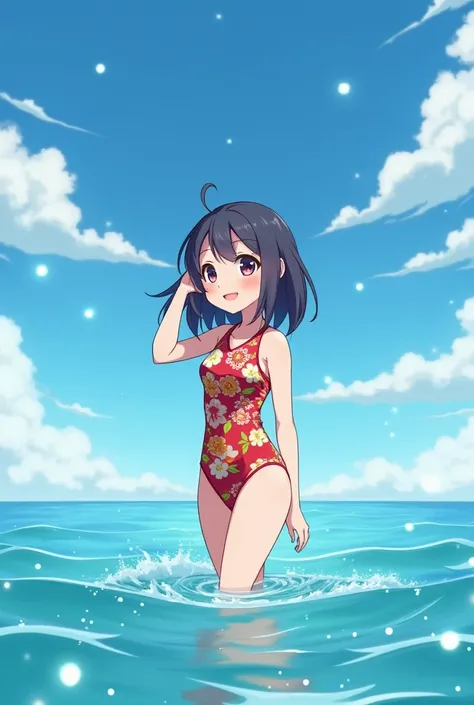 Little anime girl at sea with japanese swimsuit