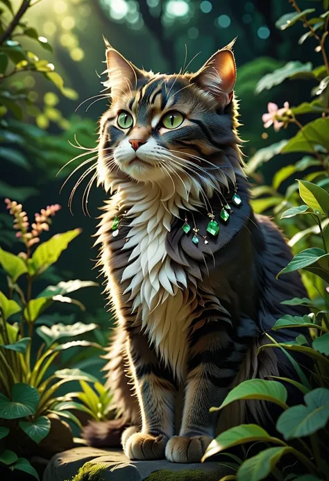 cat, beautiful dark sky , Japanese Style, Morning Light,  mystical atmosphere,  Intricate Details , Bushes green, Sparkling Crystals ,  Moody Atmosphere ,  chiaroscuro,  cinematic , Dramatic Shadows, melody,  Attractive Formulation 