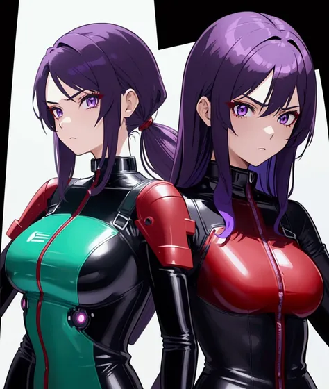 1girl, beautiful anime fighter girl, red and black leather catsuit, dark green shoulder pads, highly skilled cool ace pilot, shoulder-length purple hair, purple eyes, masterpiece, 8k, aerodynamic design, futuristic technology, sci-fi setting
