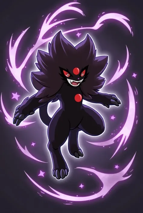 1 Zoroark, solo, in dynamic pose, looking fierce, glowing red eyes, fur flowing in motion, surrounded by dark purple and black energy, special effects like glowing streaks and lightning symbols, powerful aura, dark background with mystical energy bursts, a...