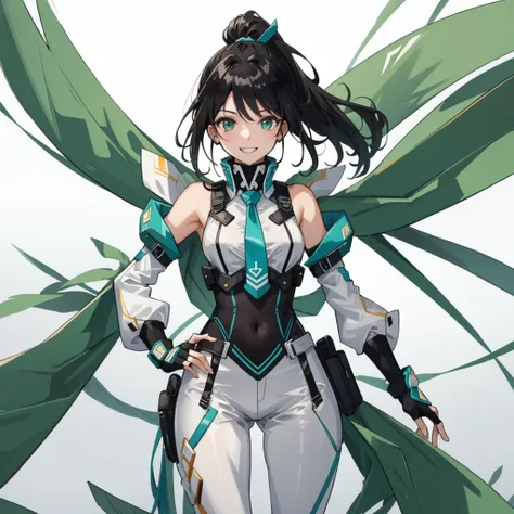 Score_9、score_8_up、score_7_up、score_6_up、ue5、1girl、 Alone 、EVE、black hair、Short High Ponytail 、tie、 Green White Midi Bodysuit、Bare shoulders、sleeveless、fingerless gloves、White Gloves、Thick thighs、gray pants、 upper body、Hands and hips，Smile，Hua Hai City，loo...