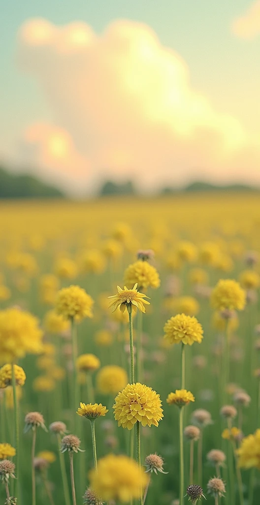 A field of vibrant yellow rapeseed flowers stretches towards a pale blue sky dotted with fluffy white clouds.  The flowers are in clusters, with numerous small, bright yellow blossoms clustered along tall, slender stems.  The stems are light green and deli...