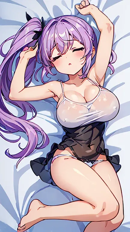 (((Masterpiece, Clean Line Drawing, Colorful, High Image Quality, High Quality, High Detailed, High Contrast, SFW, 2D, 8K, 4K, Anime Illustration))), BREAK ((One 18 year old Girl, Purplish-Lilac-Colored Middle-Length Hair:1.7, Tying a Side Ponytail with a ...