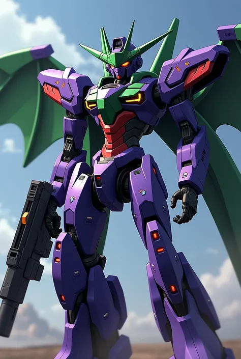 Arafe image of a robot with a green and purple body, Eva Unit 0 1,  Eva with the first unit in the back ,  Evangelion  concept art,  Evangelion  third impact inspired, rebuild of  Evangelion  1 0 8 0 p,  Evangelion  beast mode,  Evangelion  anime, neon gen...