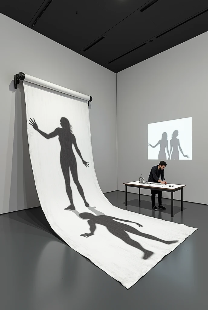 Draw a modern museum room approximately 30 square meters in size, with minimalist white walls and a gray floor. The focal point is an art installation consisting of a large roll of paper, mounted on one wall using a mechanism similar to a toilet paper roll...