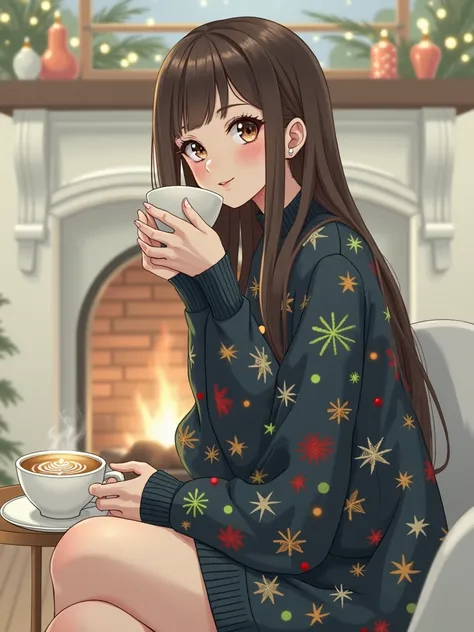 A beautiful woman with beautiful eyes:1.2, detailed eyes, beautiful full lips, highly detailed eyes and faces, long eyelashes, cute expression, smile, sitting:1.4, holding a cup of hot latte, homely background, Christmas sweater, fireplace, warm light, det...