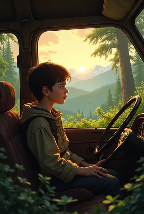  Create an image of a boy inside the car, looking at the forest thoughtfully .  Lord of the Rings style image . 