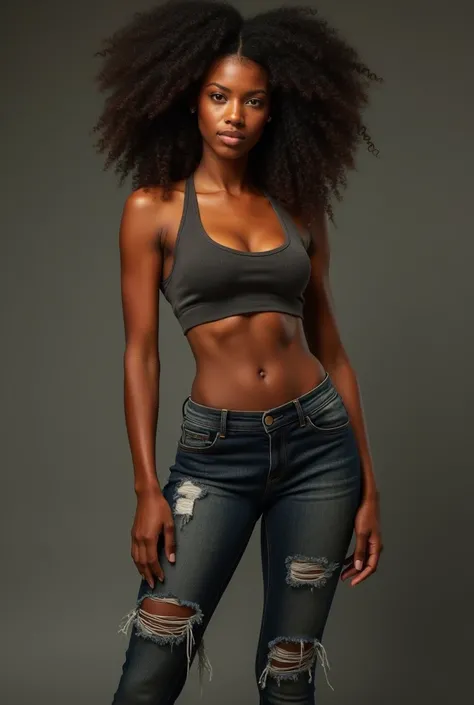 a women, tall and muscular, her skin a deep, rich brown. Her hair is shaved on the sides, with a wild, curly afro on top. Shes wearing a tight, low-cut tank top that showcases her impressive physique, and a pair of ripped jeans that hug her curves.
Theres ...