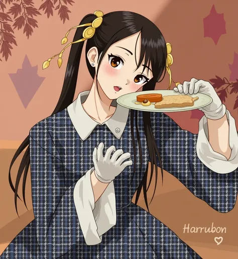 A woman in a plaid dress is holding a plate,  Photos of Ayami Kojima ,  instagram,  what is it ？, Teshirogi Shiori , Yoshitomo Nara, Also, Chiho, shikamimi, Twin tails white_ gloves, sakimimichan, Harumi,   Ayami Kojiimama  ,  Eat and Drink 