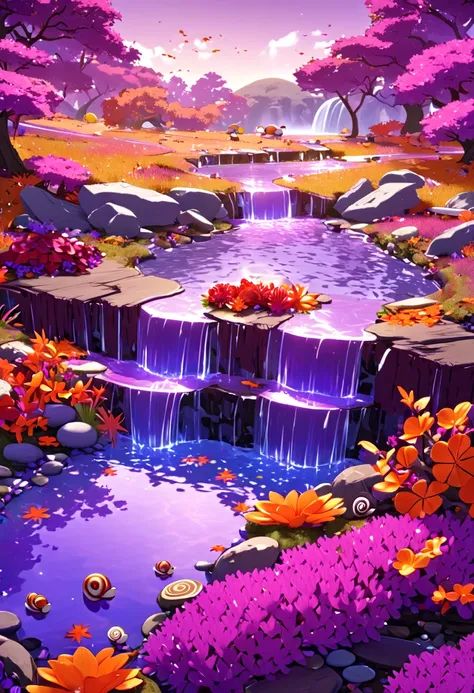 Purple lagoon, waterfall, purple lawn, rocks, purple trees, orange trees, red flowers, fish, snails, fallen trunk, mushrooms, autumn, HD