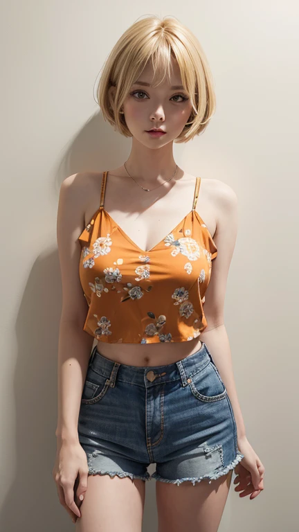 American girl Standing , short blonde hair , orange Single strap thin flower pattern , big breasts , look at the viewer , Short pants