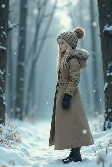  A girl with blue eyes and medium length blond hair. in the winter forest, in a long coat and fur hat,  full length