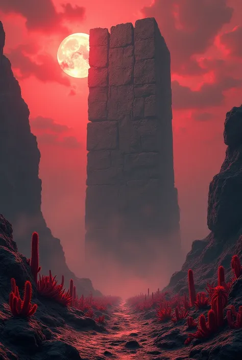  Hyperrealistic giant rock and bone wall inside the Abyss , Black flames,  red red cacti , cloudy red sky 