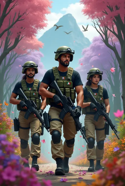  3 Mexican special forces soldiers with brown or dark skin and short brown hair and short beard in beige military pants with black military knee pads ,  black t-shirt and olive green tactical vest with Mexican flag patches ,  with black tactical military g...