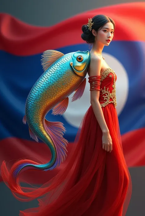 VERY BEAUTIFUL RAINBOW FISH WITH MESSAGE 741 LAO FLAG BEAUTIFUL GIRL WEARING LAO SILK DRESS