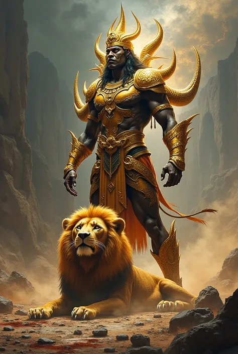 "Ravana, the powerful ten-headed demon king from Indian mythology, stands in a victorious pose on a desolate, rocky terrain. Beneath one of his feet, he holds the lifeless body of a massive lion, its golden mane now matted with blood. The lion’s sharp claw...