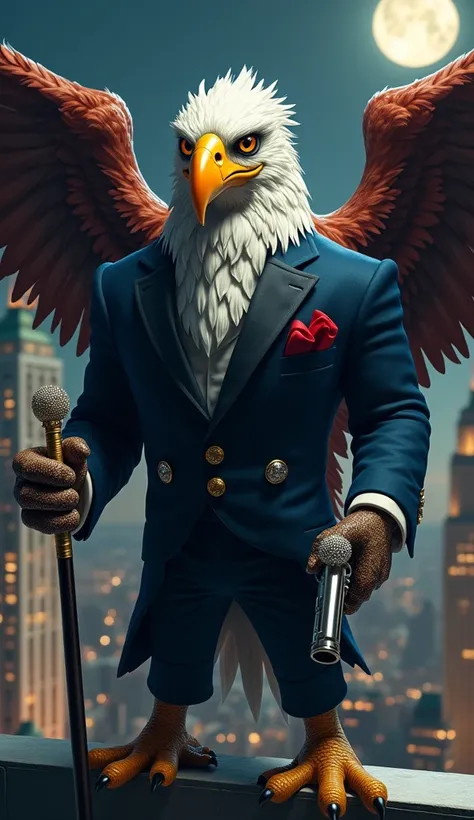 A towering hybrid of an eagle and a luxury gangster exudes a fearsome yet refined presence. Its broad, muscular frame is covered in sleek feathers, with powerful wings folded behind. The creature dons a sharp navy-blue tuxedo with golden cufflinks and a cr...