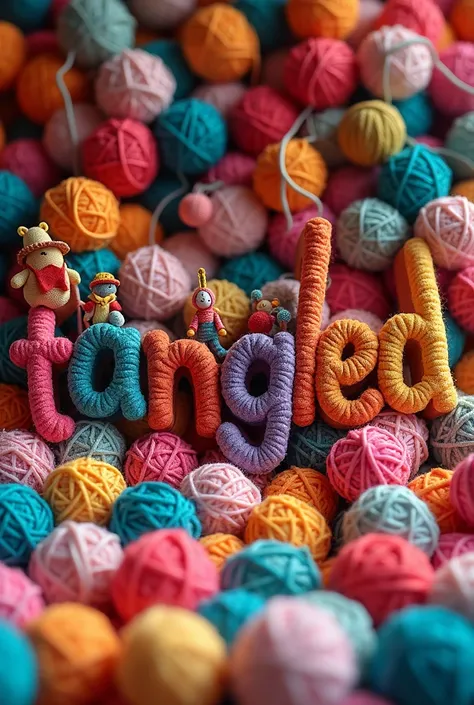 "Tangled" clearly written with yarn and surrounded by yarn balls and yarn toys