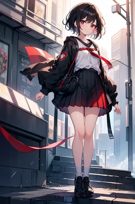 masterpiece, highest quality, highest quality, (no text), Beautiful and aesthetic:1.2),no text,anime、break,anime、break、 one girl、 Dark Haired Girl Short Hair 　 Slit Eyes Boyish 　adult　 beautiful eyes　Red and Black　red eyes, cool smile　 skirt　 private cloth...