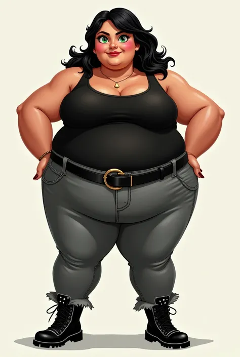 Miraculous Ladybug, Lila Rossi, Lila, Tanktop, black Lederjeans small white polka dots, gray leggings, boots, green eyes, Obese woman, fat woman, huge obese body