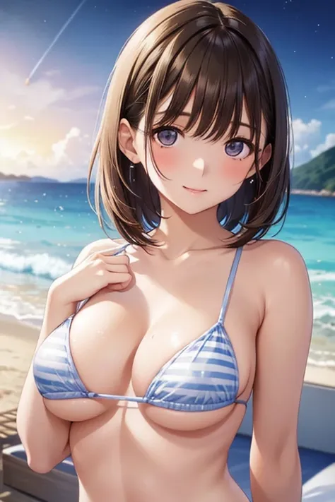   my boobs are visible 、 nipples visible、Taking off clothes、 nudes、naked、My Grandmother、  Shiny chestnut hair   ,   short hair, ( Clean brown eyes 、 Sparkling Eyes , fine grain)、smile、  super detailed eyes、 Highly detailed faces,   very detailed eyes, mast...