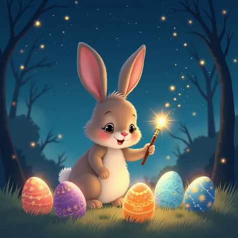 Under the stars、Fantastic illustration of a cute rabbit shining Easter eggs with a magic wand、 cute illustrations