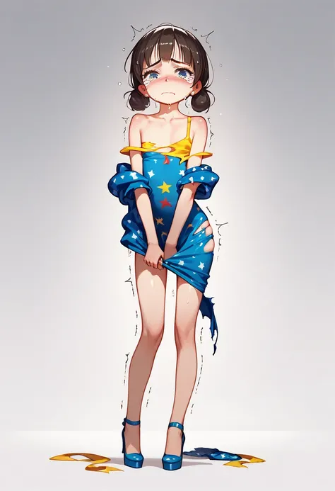 masterpiece, best quality, 1girl, standing, full body, from front, flat chest, loli slender, off shoulder, (undressing, tear, torn clothes, trembling, ), looking viewer, party dress, high heel, 