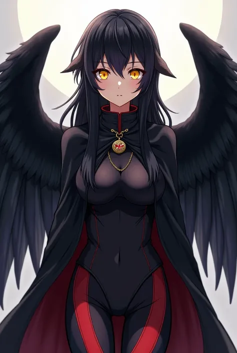 (work of art, Maximum quality, best qualityer, offcial art, beautiful and aesthetic:1.2) Anime Crow Female With Two Black Crow Wings, Black Body, Black Hair, Yellow Eyes, Wearing Black Cloak Clothing and Red, Black Pants