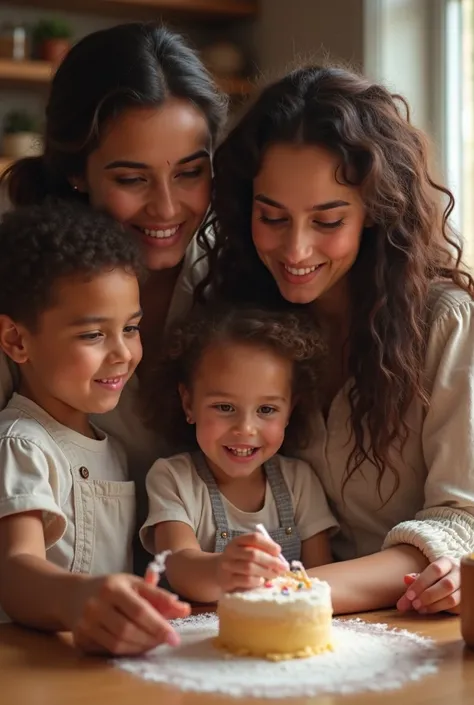 Brown mother with dark brown curly hair ,  16-year-old son white dark brown curly hair ,   brown daughter with long dark brown curly hair  daughter white curly hair who undertakes confectionery