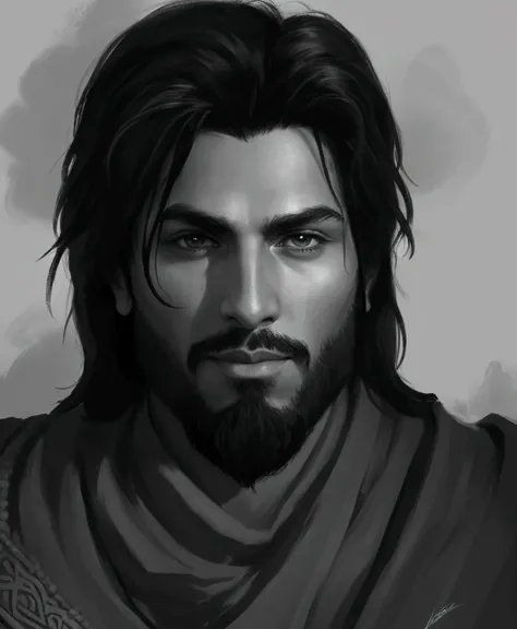 a drawing of a man with long hair and a beard, handsome prince of persia, character art portrait, character concept portrait, character concept art portrait, detailed character portrait, portrait of bedouin d&d, dnd character concept portrait, character fa...