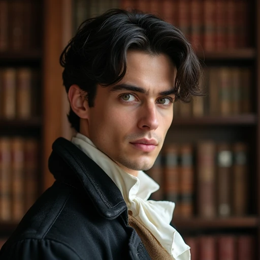 Handsome 19th century man ,dark hair, 20 years old,sarcastic look and sarcastic smile , wearing typical 19th century English clothes,Jane Austen style , in the background a library , serene and romantic light , high resolution, masterpiece , Necessary, Ana...