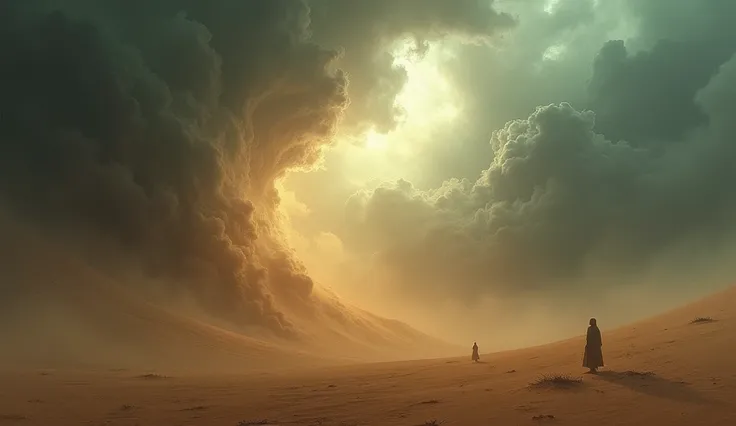 A powerful storm in a barren desert, symbolizing emotional turmoil, with winds and swirling sands blurring the horizon."