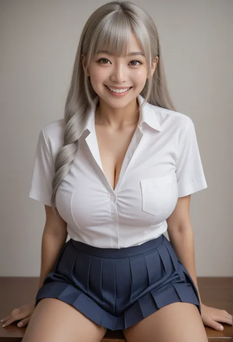 one    girl, (((smile)))、 high school   girl、 Big Breasts 、     tanned skin   、    brown eyes, (( Gal hairstyle))    Silver Hair,    girl,    perfect face、   detailed face   、   detailed eyes、 Completed 、  attractive thighs  、Japanese School Uniform、 Shirt...